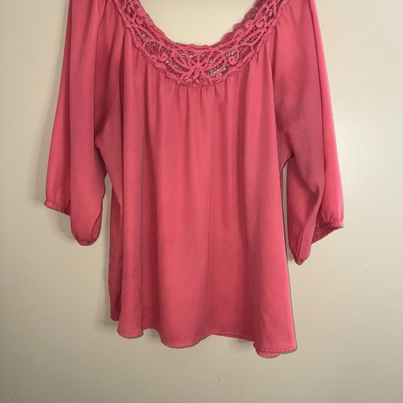 Crochet Neckline Pink Tunic Top Blouse Casual Summer Boho 3/4 Sleeve Womens - Picture 2 of 7